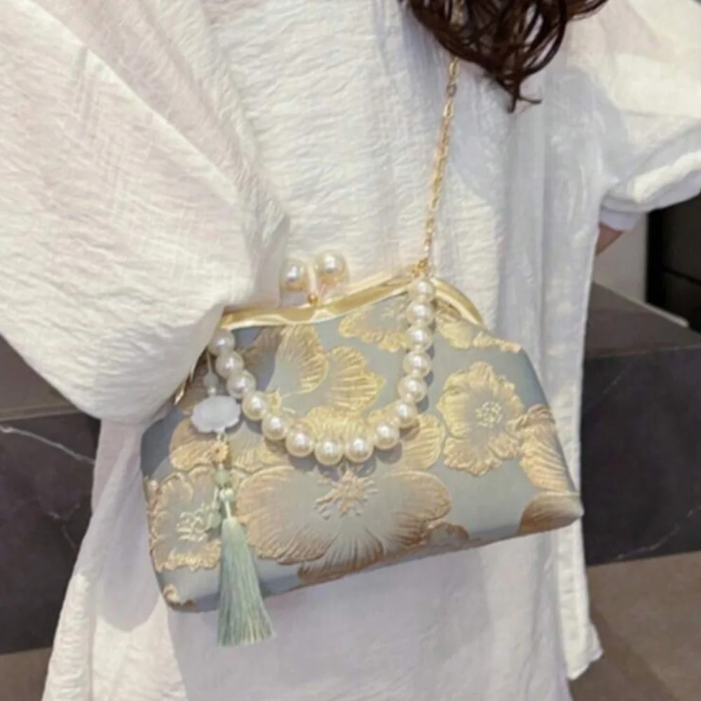 Pearl-Handle Mint Floral Evening Clutch - Unbranded